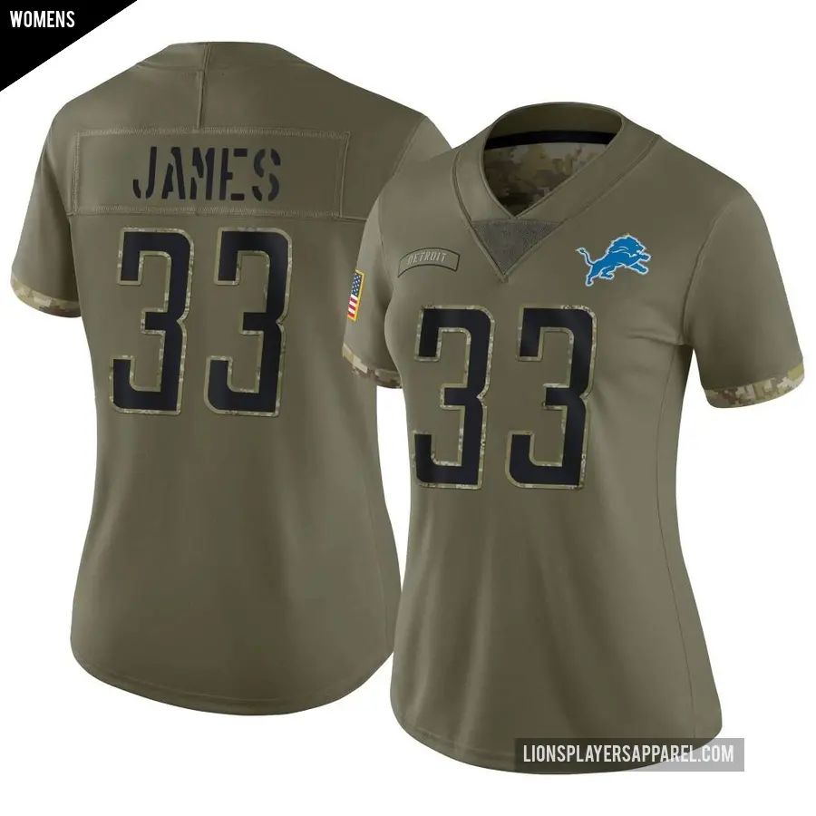 Women's Detroit Lions ＃33 Craig James Olive Limited 2022 Salute To Service Jersey