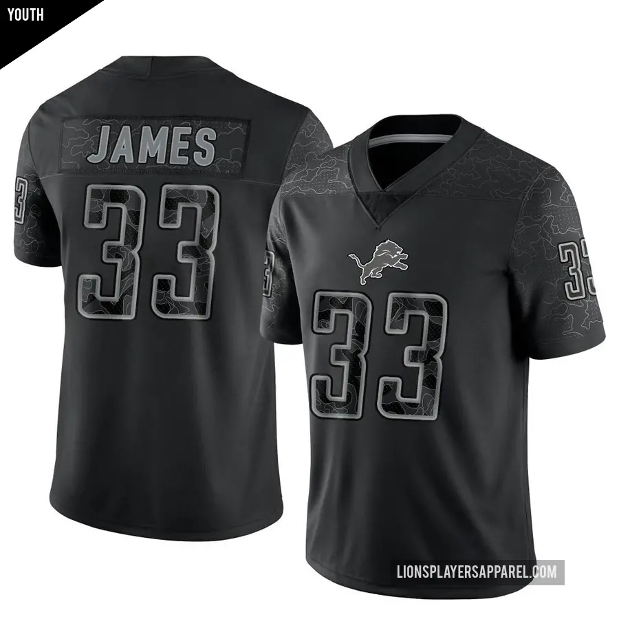 Youth Detroit Lions ＃33 Craig James Black Limited Reflective Jersey